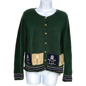 Christopher & Banks Snowman Cardigan Sweater Button Down Medium Green